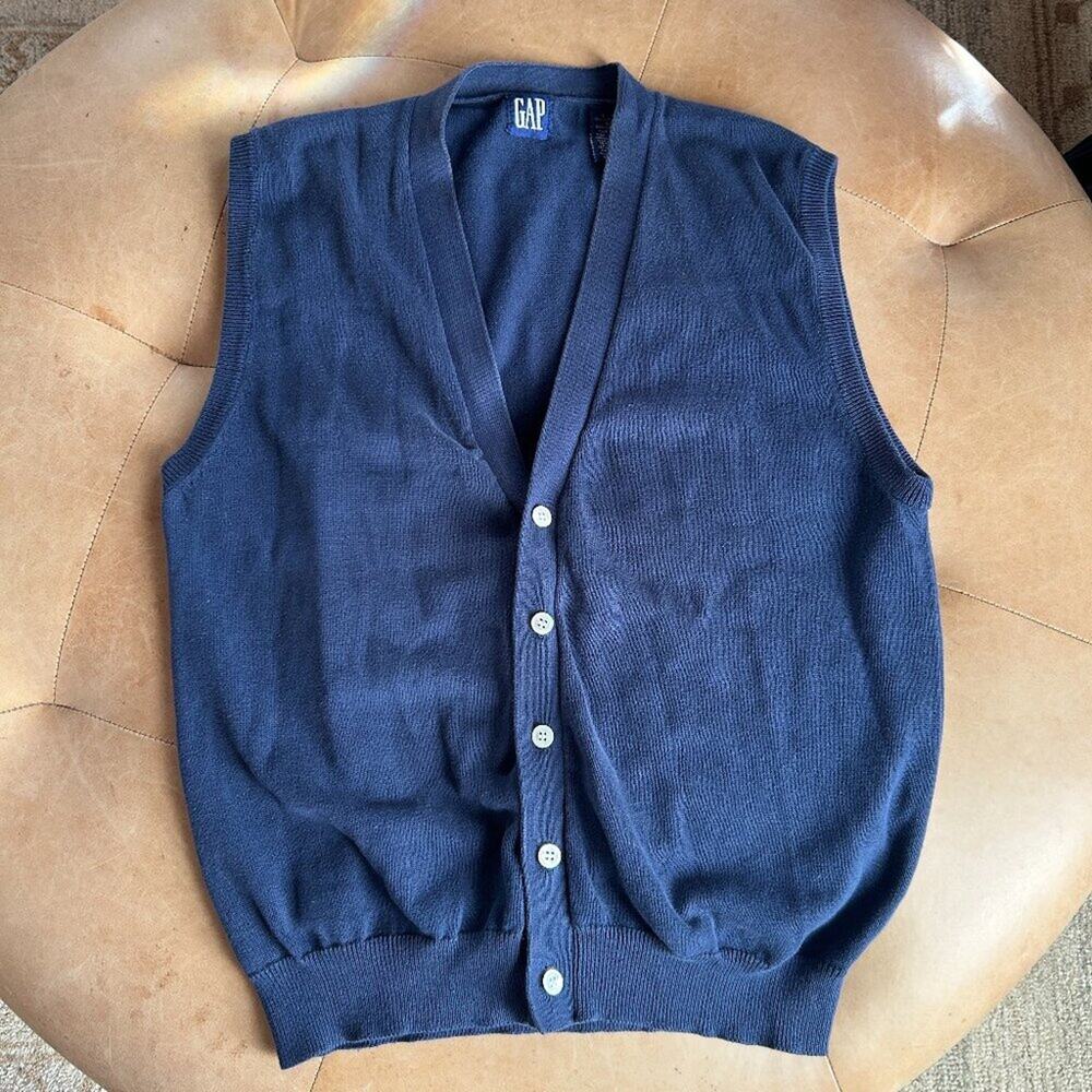 Vintage 90s GAP Sweater Vest Button Front Deep V Preppy Academia Blue Women L